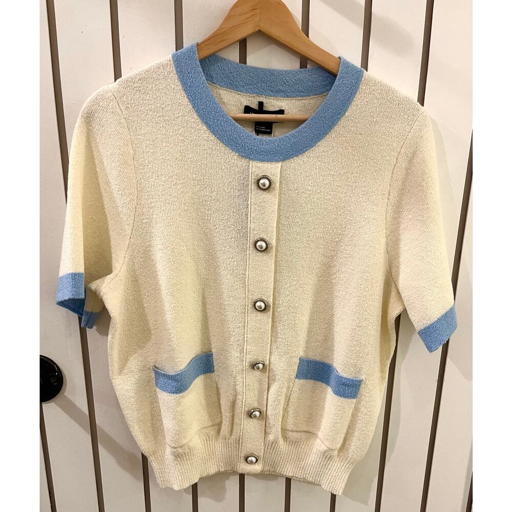 Urban Revivo Cream and Blue Short Sleeve Cardigan
